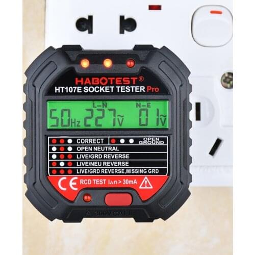 50LB HT107 Socket Tester Voltage Test EU/UK/US Plug Line Tester RCD Voltage Measurement LCD Display Socket Tester
