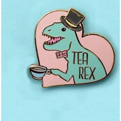 Tea Rex T-rex Dinosaur Heart Enamel Brooch Pin Backpack Hat Bag Collar Lapel Pins Badges Women Mens Fashion Jewelry Accessories