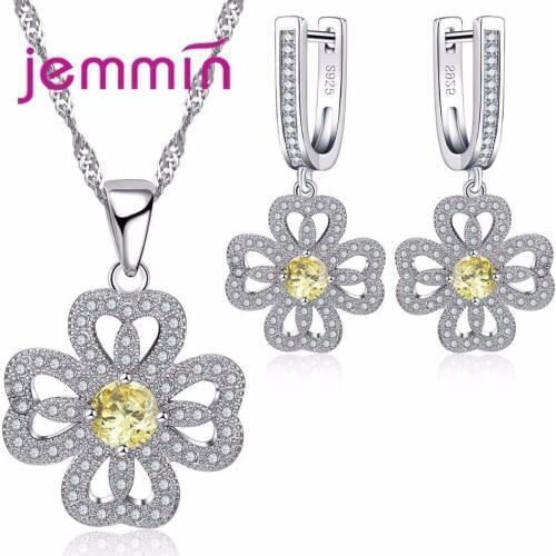 Elegant Annivesary Jewelry Sets For Woman Gift Fine 925 Sterling Silver Rhinestone Necklace Earrings Set Accessories