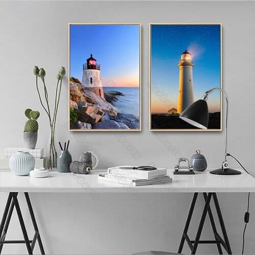 Nordic Style Canvas Painting Poster Seaside Landscape with Blue Sky Pink Sunset Lighthouse for Home Rooms Gallery Wall Decoratio
