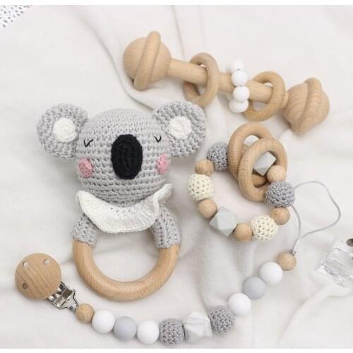 Baby Beech Wooden Teether Ring DIY Crochet Koala Rattle Soother Infant Teething Chewing Molar Toys