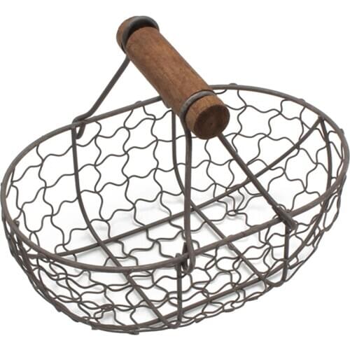 Wooden Handle Metal Retro Basket Portable Vegetable Fruit Egg Storage Basket