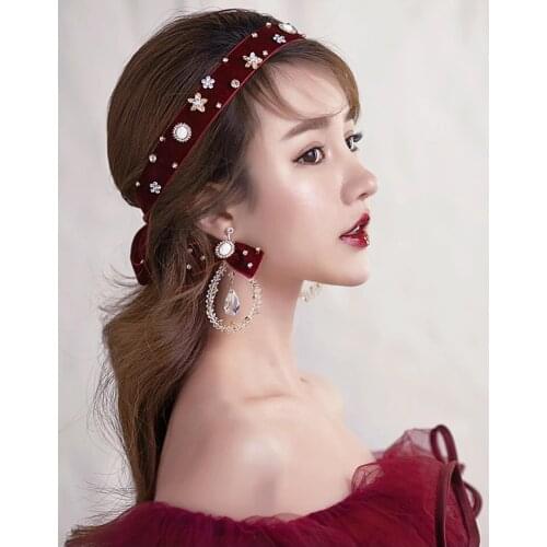 Fashion Bridal Wedding Red Bow Hair Band Earrings Set Rhinestone Crystal Drop Earrings Hair Accessories Jewelry Party Gifts