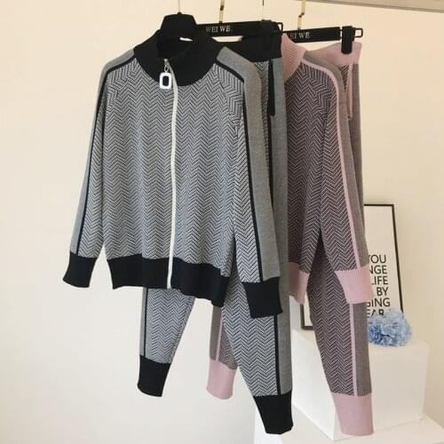 OUMENGKA Women Knitted Tracksuit Zip-UP Turtleneck Sweater Casual Suit Autumn Winter 2 Piece Set Pants Sporting Femme Clothing