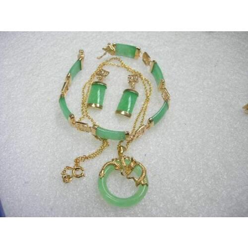 Natural Green Jade Pendant Necklace+Earrings+Bracelet Lucky Jewelry Sets