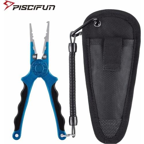 Piscifun 18cm Fishing Pliers With Sheath Saltwater Braid Line Cutter Hook Remover Tackle Spring Loaded Multifunctional Pliers