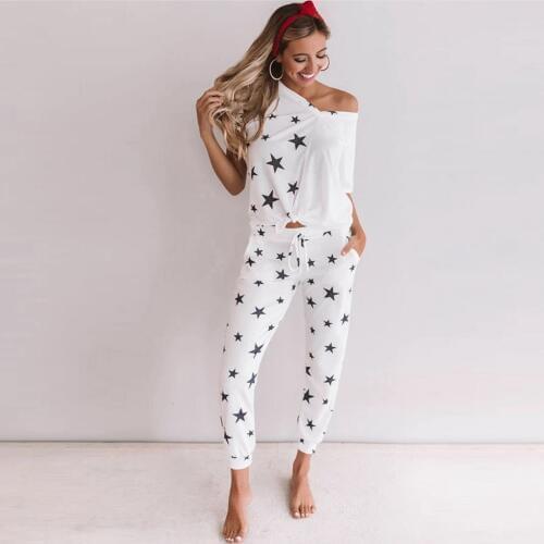 2 piece summer set Women V-Neck Pajamas Pentagram Print Sport Sets Lounge Wear Suit Home Tops+long Pant ensemble femme 2020