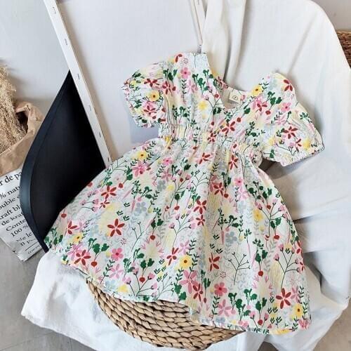 V-neck Girls Floral Dress High Waist Short Sleeve Princess Dress 2020 New Kids Girl Dresses Summer Costume for 1-6 Years Old