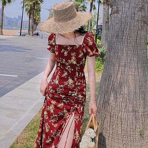 Summer French retro 2021 dress womens dress high split temperament drawstring pleated floral square collar slim fitting dresses