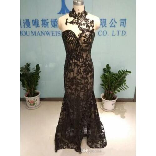 Rami Salamoun Mermaid Prom Dresses 2020 High Neck Evening Gowns Sequins Beading High Side Split Formal Party Dress Real Images