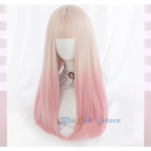 Gradual Beige Pink Lolita Wig Harajuku Sweet Sakura Long Straight Mixed Colors Synthetic Hair Fringe Bangs Daily Adult Girls
