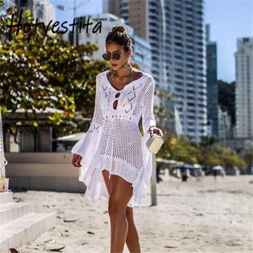 Hotvestita Beach Dress Sexy Hollow Out Flare Sleeve Mesh Swim Wear Knitted Bandage Tunic Bikini Cover Up Women Sarong Beach Wrap