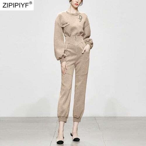 2021 Summer Runway Fashion O Neck Long Sleeve Hollow Out Beading Top High Waist Zipprt Up Pockets Light Camel Casual Pants Z449