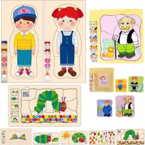 Montessori Man Woman Growth Puzzles Wooden Toys Caterpillar Frog Sunflower Growth Process Puzzle Educational Toys For Children