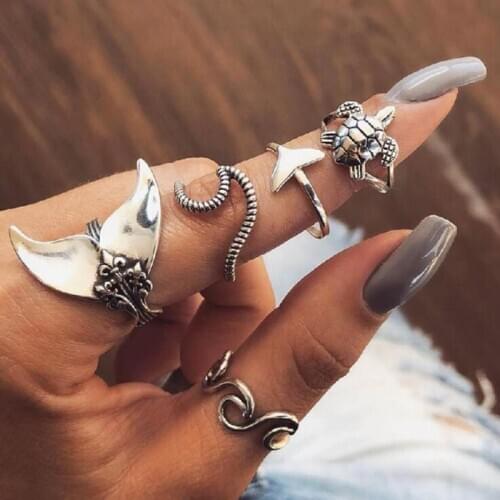 RM008 5PCS/SET Bohemian Ring Personality Geometry Fish Tail Tortoise Alloy Ring Rhinestone Rings Set Europe And America