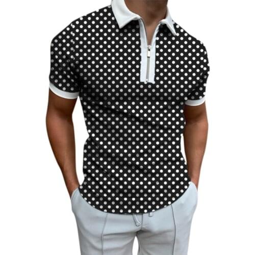 Fashion Polo Shirts Polka Dot Print Men Short Sleeve Casual Turn-down Collar Zipper Design Tops 2021 Summer Mens Streetwear