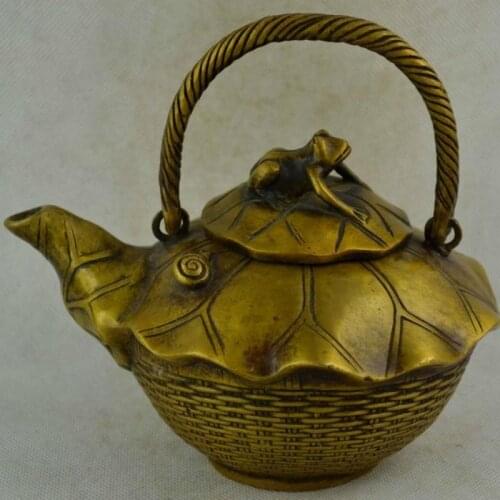 China Handwork Copper Carving Lifelike Lotus Leaf & Frog Lucky Big Tea Pot