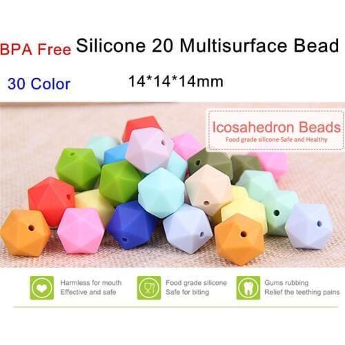 200pcs 14mm BPA Free Loose Silicone 20 side Icosahedron Teether Beads DIY Baby Shower Dummy Pacifier Sensory Toy Accessories