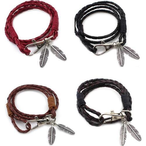 Stylish Jewelry Women Feather Charm Bracelet Lady Braided Leather Rope Key Claps Bangles Bracelet For Women Gifts