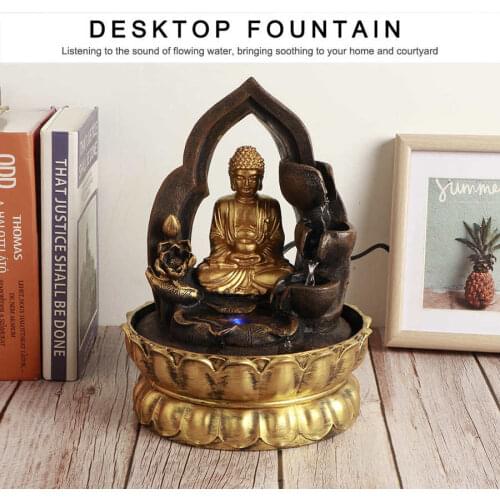 Creative LED Light Buddha Tabletop Resin Waterfall Fountain Ornaments Feng Shui Meditating Buddha Statue Home Decoration