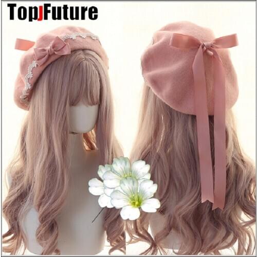 Japanese girl Kawaii Beret Hat Lolita Teenage heart Sweet Woolen Handmade Cute Lace Bowknot Warm Winter Painter Hat Headdress