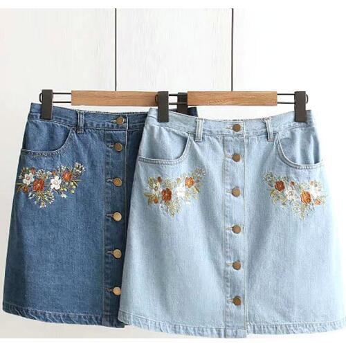 Summer A-line Denim Skirts Women Elastic High Waist Button Mini Skirt Pockets Blue Vintage Embroidery Saias Jean Skirt Femme