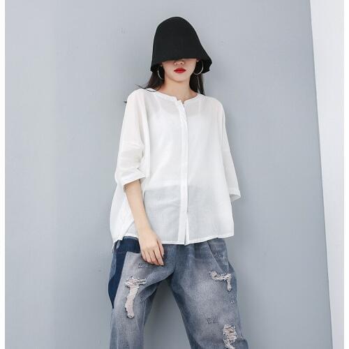 Johnature Half Sleeve O-neck New Cotton Linen Solid Color Streetwear Style Blouse For Women Casual Loose Shirts 2021 Sumemr