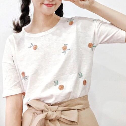 Women Small Orange Sequin Applique Embroidery Round Neck Short Sleeve T-shirt - Ladies Blue/Light Pink Tees Top