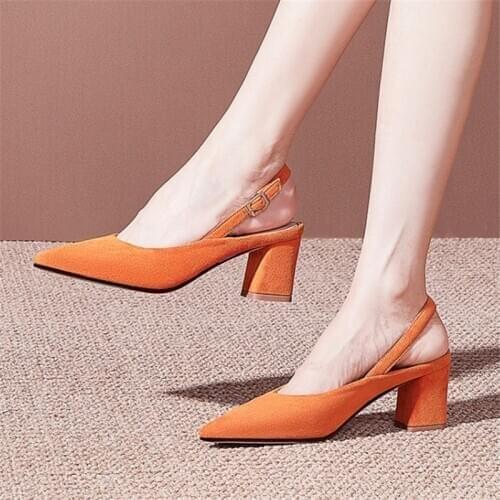 PXELENA Noble Lady Faux Suede Sandals Chunky Square High Heels Slingbacks Women Pointed Toe Office Work Daily Shoes Plus Size 45