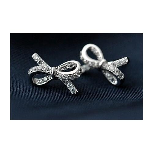 Crystal Bowknot Stud Earrings 925 Sterling Silver Stud Earrings Jewelry Pendientes Brincos Fashion Jewelry