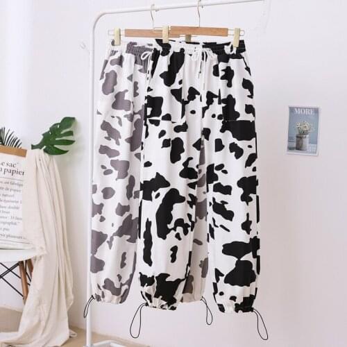 Zoki Cow Print Women Ankle-Length Pants Summer High Waist Cotton Casual Sweatpants Loose White Joggers Ladies Streetwear Pant