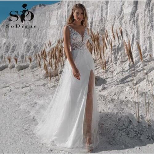 SoDigne Beach Wedding Dress 2021 V Neck Side Split Full Lace Boho Bride Dress Vintage Wedding Gown Custom Made