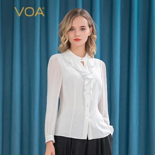 VOA Heavy Silk Bright Button Collar Blue Line on Silk Ruffled See-through Yarn Long-sleeved College Style White Shirt BE177