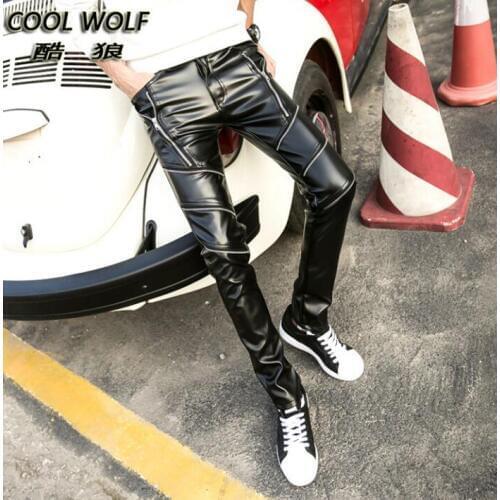 Autumn winter plus velvet personality fashion motorcycle faux leather pants mens feet pants pu trousers for men pantalon homme