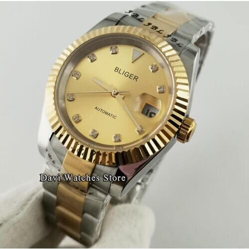 39mm BLIGER Sterile Golden Case Watches Luminous Sapphire Glass Miyota 8215 Automatic Date Men Wristwatch Clock