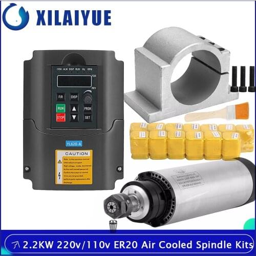 2.2KW ER20 Air Cooled Spindle Motor 4 Bearing Air Cooling 2200w+2.2KW VFD+ 80mm Clamp+ ER20 Lathe Chuck+1PCS Brush