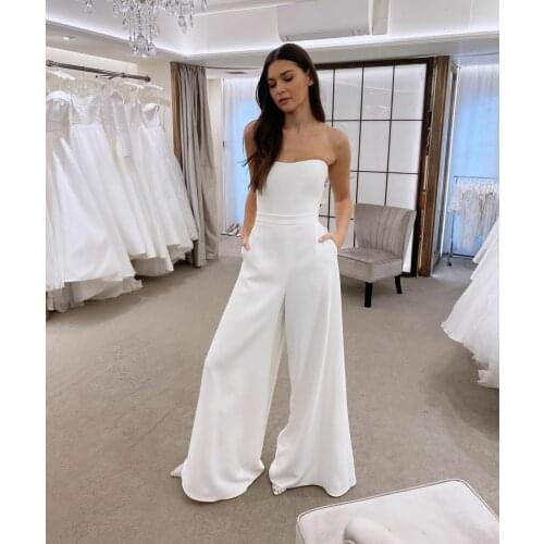 Elegant Long Satin Jumpsuit Wedding Dresses with Pockets Lace Up Back White Brautkleid Robes de Soirée for Women