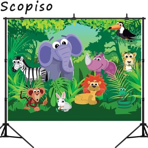 Scopiso Photography Backdrop Cartoon Zoo Animals Banner Rainforest Safari Background Children Birthday Party Portrait Studio