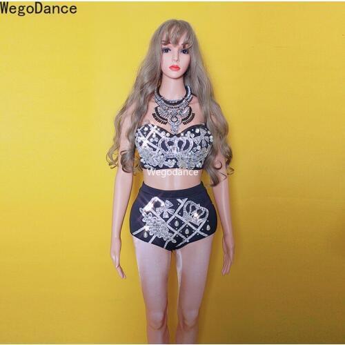 Hot Sale Sparkly Crystals Black Bikini Outfit Bras Short 3 pieces Set Necklace Costume Singer Stage Wear Sexy Stones Outfits