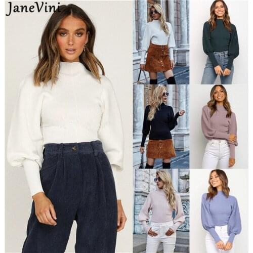 JaneVini Chic Mock Neck Knitted Sweaters Lantern Sleeve Womens Pullover High Street Fashion Jumpers Truien Dames 2020 Winter