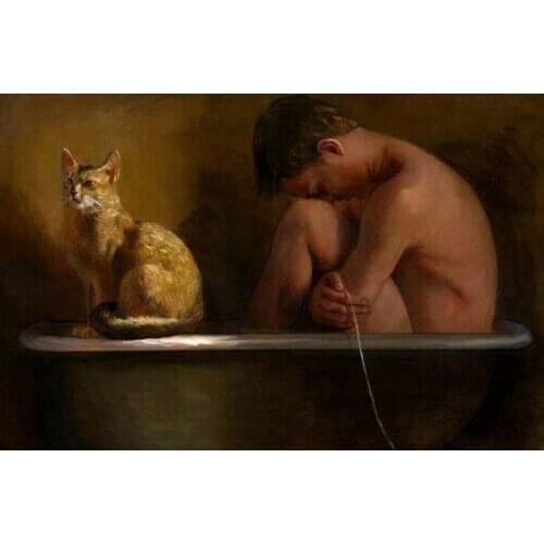 Gay Interest Lonely Nude Man Bathroom Male Glamour Muscle Cat Bathtub Painting