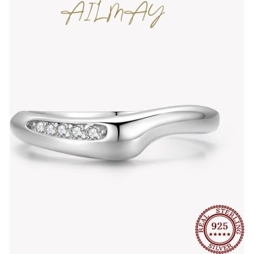 Ailmay Real 925 Sterling Silver Clear Zircon Personality Fashion Finger Ring For Women Simple Design Fine Hypoallergenic Jewelry