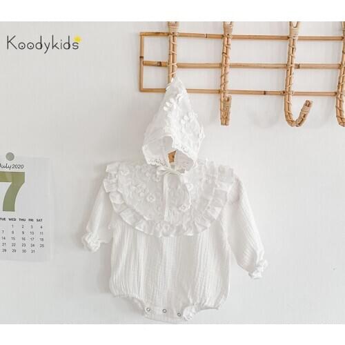 Koodykids 2021 Spring Baby Girl Bodysuits Soft Cotton Party Rompers White With Hat 3PCS Baby Girl Clothes Set Cute Rompers
