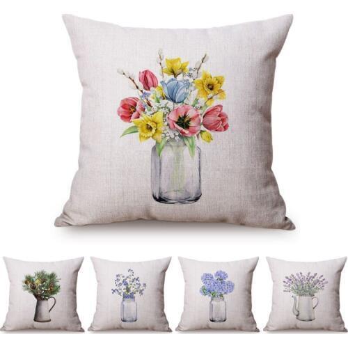 Colorful Nordic Floral Vase Glass Jar Home Sofa Small Fresh Decorative Cushion Cover Chic Purple Flower Cotton Linen Pillow Case