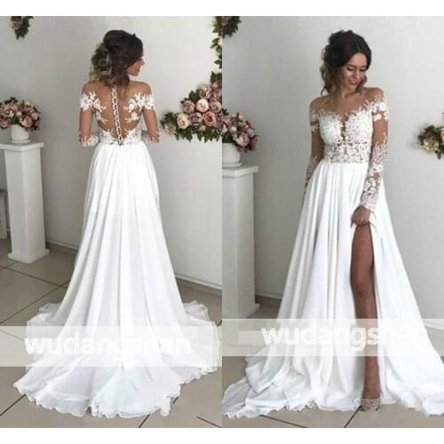 Lace Chiffon A-Line Wedding Dresses V Neck Long Sleeve Side Split Sweep Train Back Buttons Country Bride Dress Vestido De Noiva