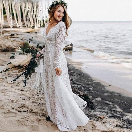 Hippie Lace Boho Wedding Dress V Neck Long Sleeves Bohemian Beach Wedding Dresses Cheap Country Bride Gowns