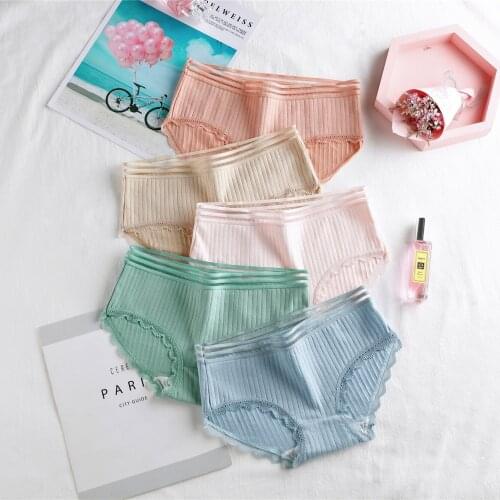 1PC New Thread Cotton Vertical Stripe Lace Underwear Womens Pure Low Waist Solid Color Triangular Shorts Thin