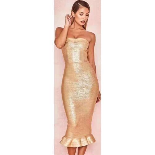 New Fashion Hot Selling Elegant Chic Gold Off Shoulder Bandage Women Christmas Outfit Clothing Cocktail Party Dress Wholesale
