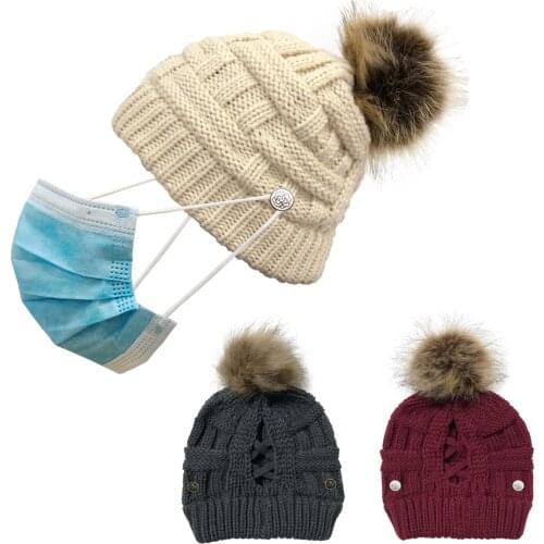 KENSHELLEY Autumn And Winter New Womens Button Respirator Wool Hat Bamboo Striped Wool Ball Detachable Knitted Beanie