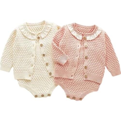 Newborn Baby Clohting Knit Set Autumn Jacquard Flowers Set Fashion Baby Girls Clothes Long Sleeve Knit Cardigan Romper Sets